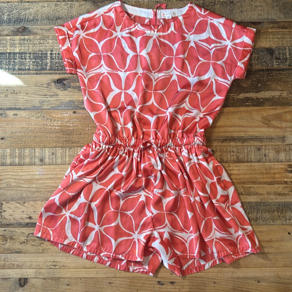J. Crew Crewcuts Orange Coral Ivory Floral Print Short Sleeve Romper 14